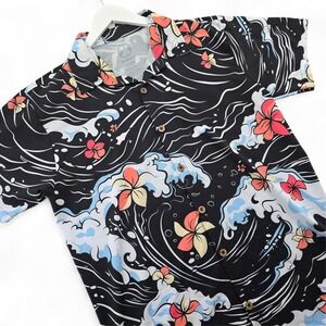 Project X Men Large Black Floral Wave Print Short Sleeve Button Up Shirt Spandex